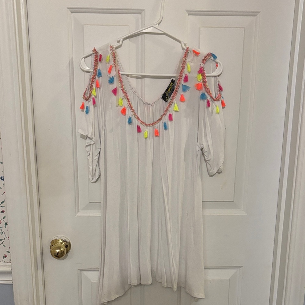 Vibrant Tassel Cold Shoulder Blouse